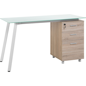 Beliani Desk Light Wood Veneer 130 x 60 cm Glass Tabletop 3 Key-Locked Drawers Material:Acrylic Glass Size:60x77x130