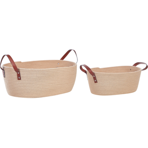 Beliani Set of 2 Storage Baskets Beige Cotton Handmade with PU Leather Handles Shelving Box Material:Cotton Size:28/36x15/19x39/50