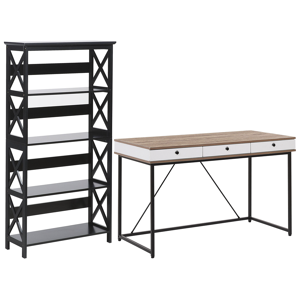 Beliani Home Office Set Desk Bookcase Light Wood and Black Chipboard MDF Steel Legs Drawers Shelves Modern Living Room Study  Material:Chipboard Size:xx