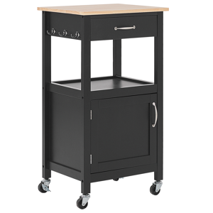 Beliani Kitchen Trolley Black and Light Wood Top  60 x 48 x 91 cm Cabinet Towel Rack 1Cutlery Drawer Casters Material:MDF Size:39x89x48