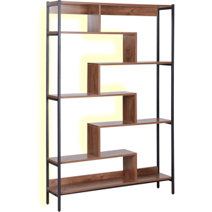 Beliani 6 Tier Bookcase Dark Wood Shelves Black Metal Steel Frame with LED Lights Open Back Storage Industrial Material:MDF Size:27x180x120