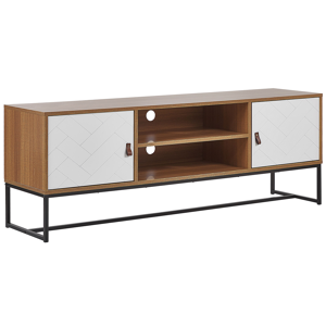 Beliani TV Stand Light Wood with White Metal Legs Rectangular For up to 75ʺ TV Media Unit with Shelves Doors Cable Management Living Room Furniture Material:MDF Size:40x55x150