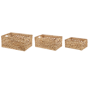 Beliani Set of 3 Baskets Natural Water Hyacinth with Handles Woven Home Accessory for Shelves Material:Water Hyacinth Size:30/25/22x20/19/15x44/40/33