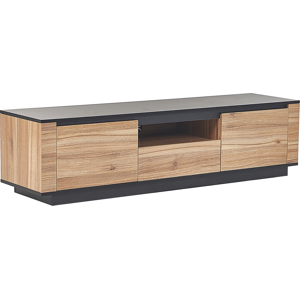 Beliani TV Stand Light Wood and Black MDF 1 Drawers 2 Cabinets Cable Grommet Modern Style  Material:Particle Board Size:40x39x152