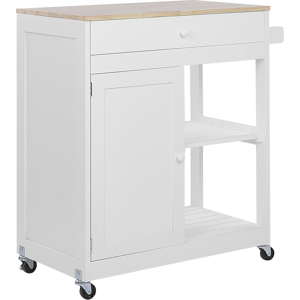 Beliani Kitchen Trolley White MDF Rubberwood 75 x 43 x 87 cm Cabinet Towel Rack 2 Shelves Cutlery Drawer Castors Material:MDF Size:44x87x75