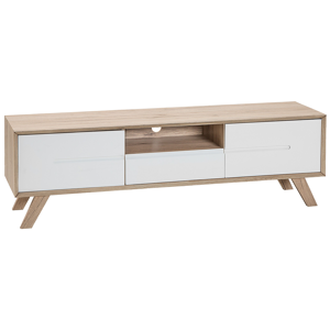 Beliani TV Stand White and Light Wood Veneer for up to 64ʺ TV with 2 Cabinets and Drawer Material:MDF Size:40x45x150