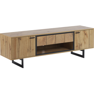 Beliani TV Stand Light Wood and Black Particle Board for up to 66 ʺ with  2 Doors Industrial Style Material:Particle Board Size:40x50x160