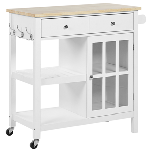 Beliani Kitchen Trolley White MDF Light Wood Top Storage Cabinet Shelves Drawers with Castors Scandinavian Material:MDF Size:43x88x80
