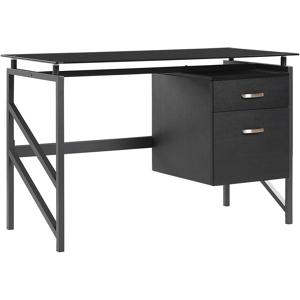 Beliani Home Office Desk Black Metal Frame Tempered Glass Top 117 x 57 cm Storage Drawers Modern Industrial Design  Material:MDF Size:57x76x117