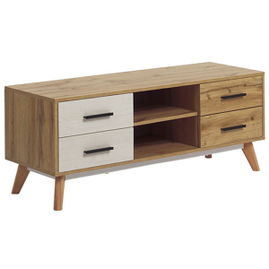 Beliani TV Stand Light Wood with White for up to 55ʺ TV with 4 Drawers and 2 Shelves Rustic Material:MDF Size:40x49x120