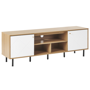 Beliani TV Stand Light Wood White Particle Board Metal 160 x 56 x 40 cm for a TV up to 70ʺ 2 Doors 3 Shelves Black Legs Scandinavian Design Living Room Material:MDF Size:40x56x160