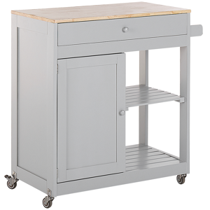 Beliani Kitchen Trolley Grey MDF Rubberwood 75 x 43 x 87 cm Cabinet Towel Rack 2 Shelves Cutlery Drawer Castors Material:MDF Size:44x87x75