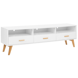 Beliani TV Stand White with Light Wood 55 x 180 x 40 cm Media Unit with Shelves and Drawers Material:MDF Size:40x55x180