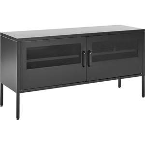 Beliani 2 Door Sideboard Black Steel Metal Mesh Doors Shelves Leg Caps Cable Management TV Stand Living Room Home Office Furniture Industrial Design Material:Steel Size:40x60x118