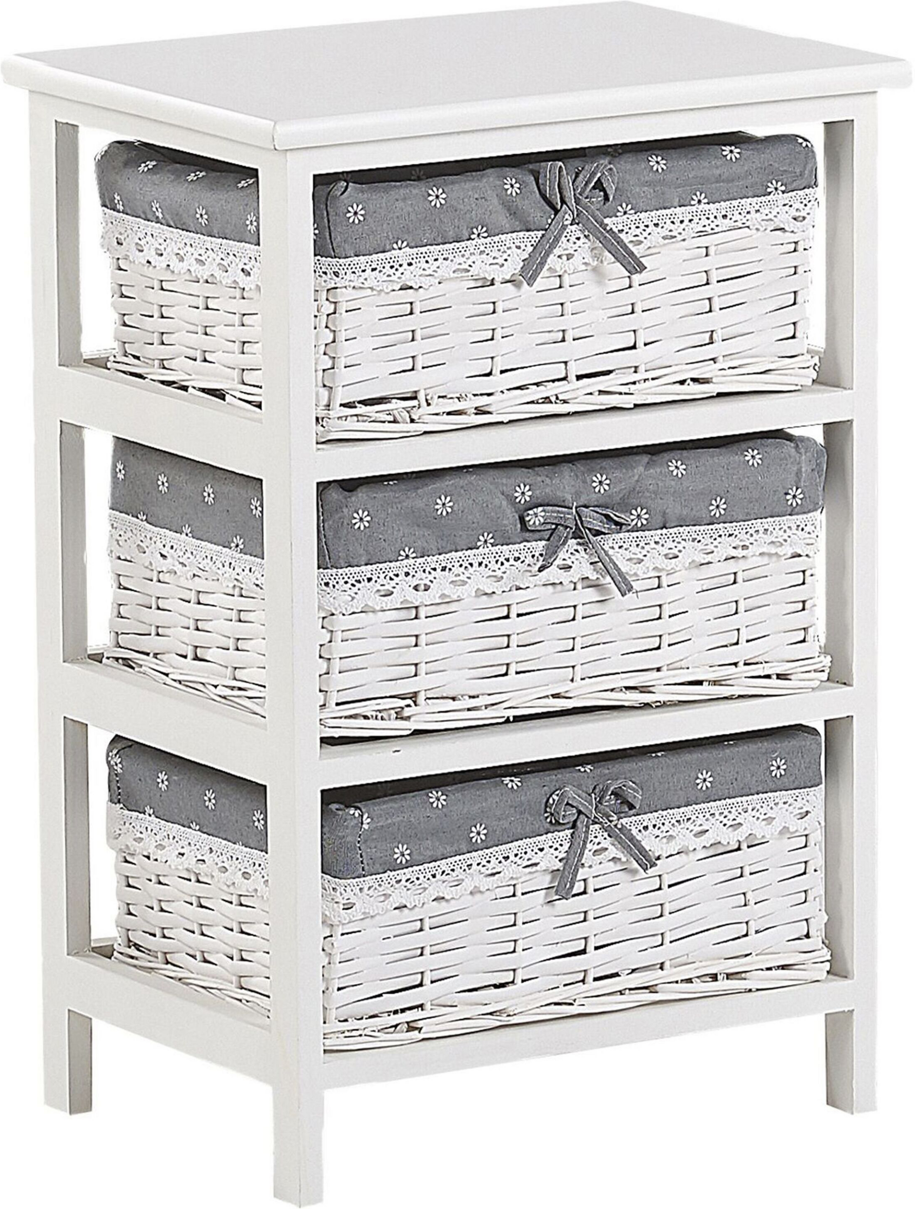 Beliani Storage Unit White Wood MDF 58 x 40 cm 3 Wicker Baskets with Grey Fabric Lining Bedside Table Children's Room Furniture