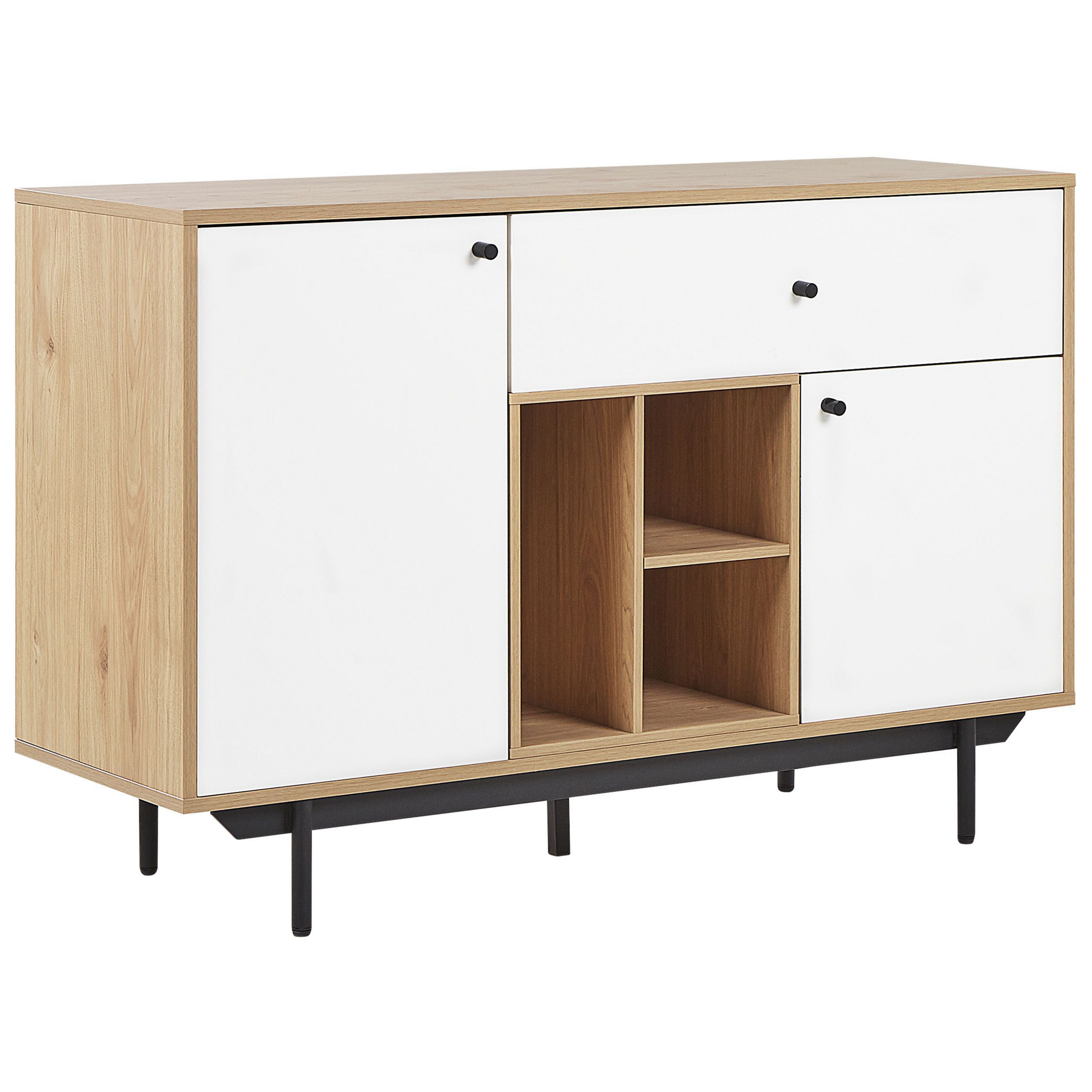 Beliani Sideboard Light Wood with White Engineered Wood Cabinets Shelves Drawer Storage Retro Style