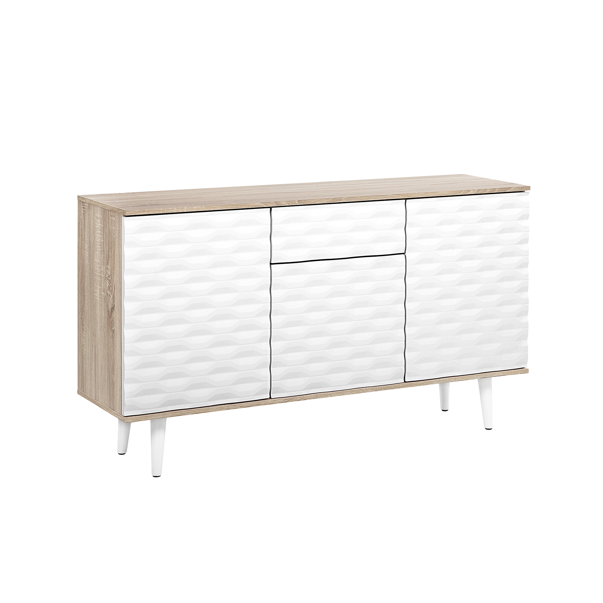 Beliani Sideboard White Light Wood 2 Door Cabinet Drawer Textured Front Scandinavian