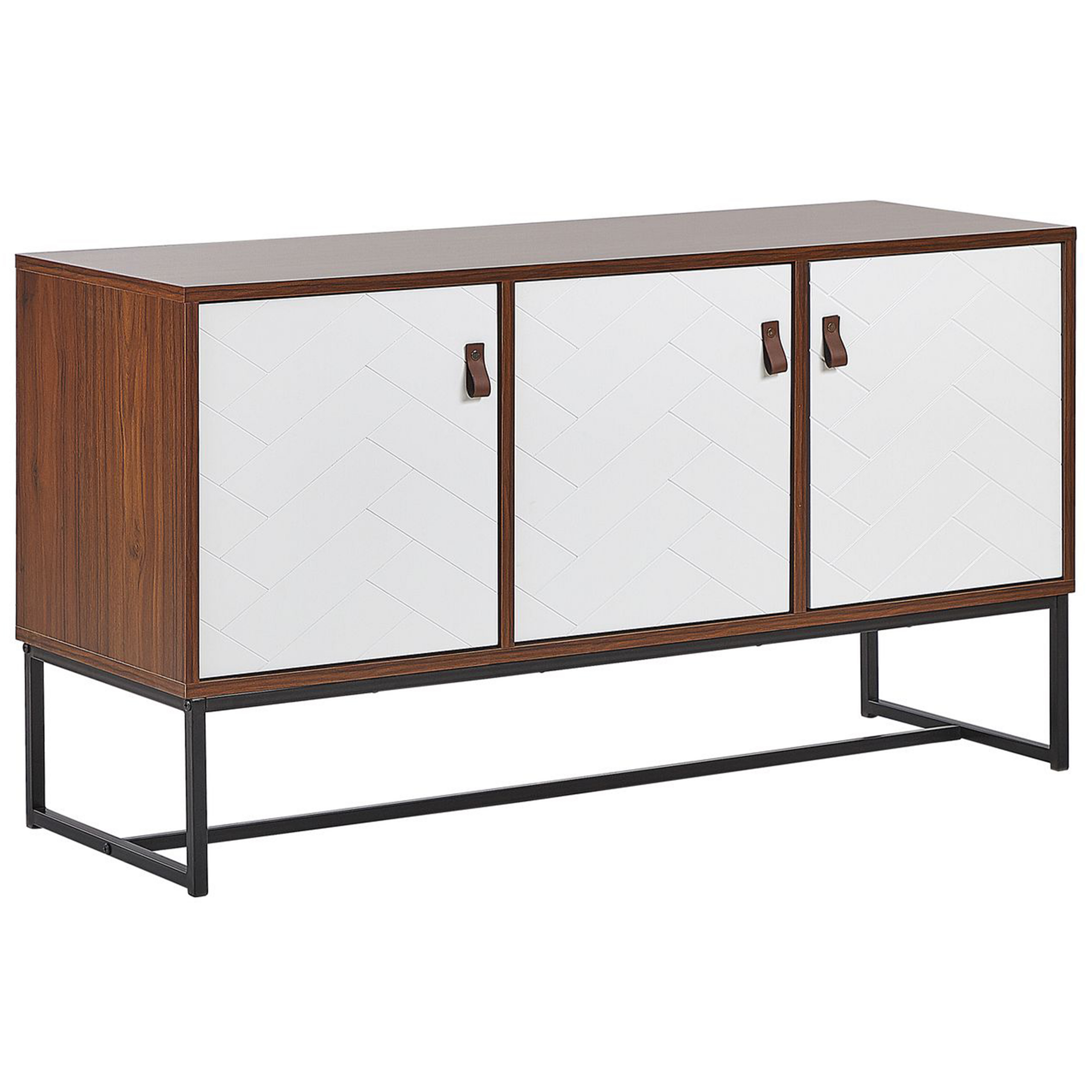 Beliani Sideboard Dark Wood with White Metal Legs Rectangular Storage Cabinet TV Stand 3 Compartments Doors 62 x 112 cm Living Room Furniture