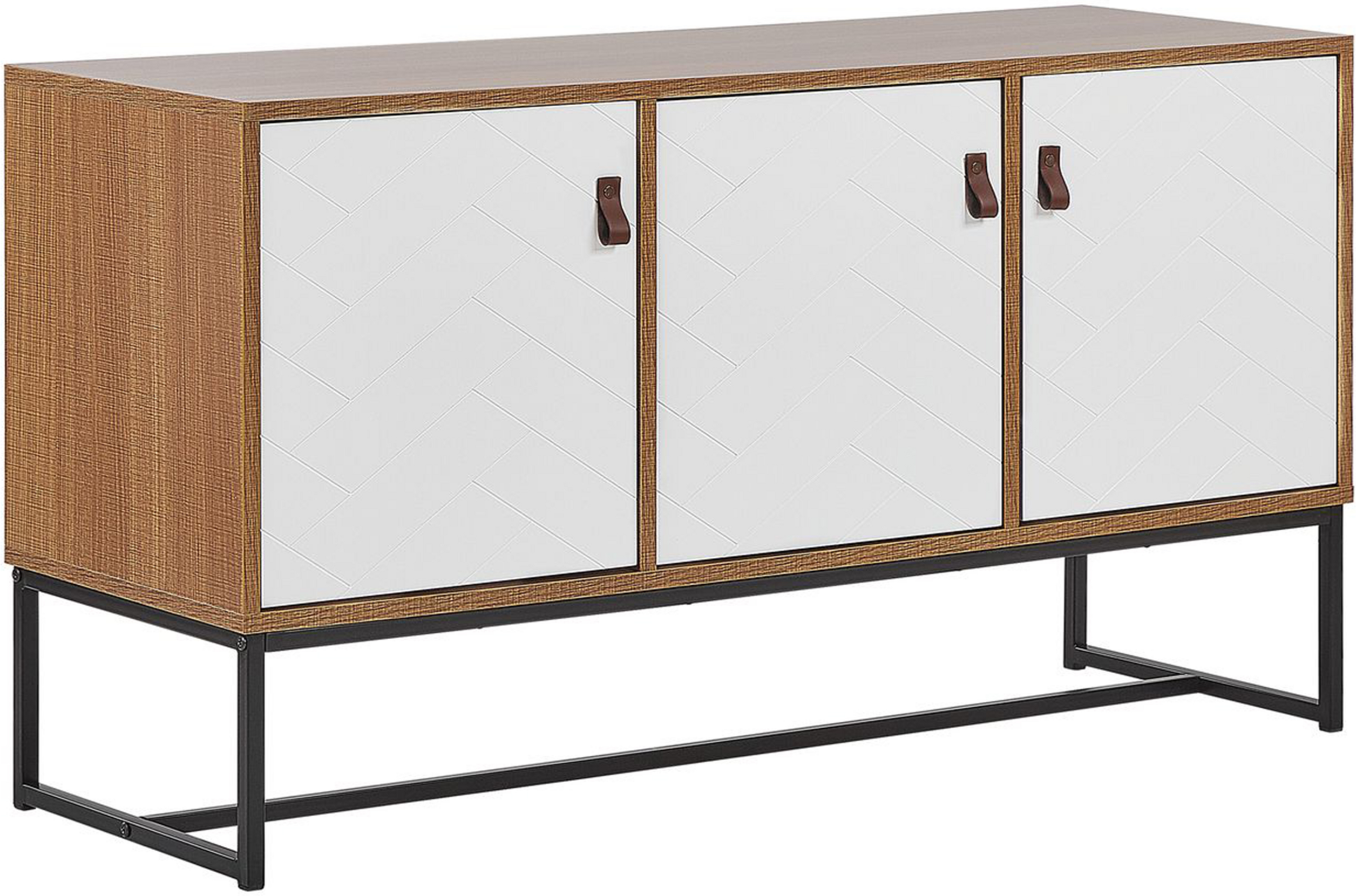 Beliani Sideboard Light Wood with White Metal Legs Rectangular Storage Cabinet TV Stand 3 Compartments Doors 62 x 112 cm Living Room Furniture