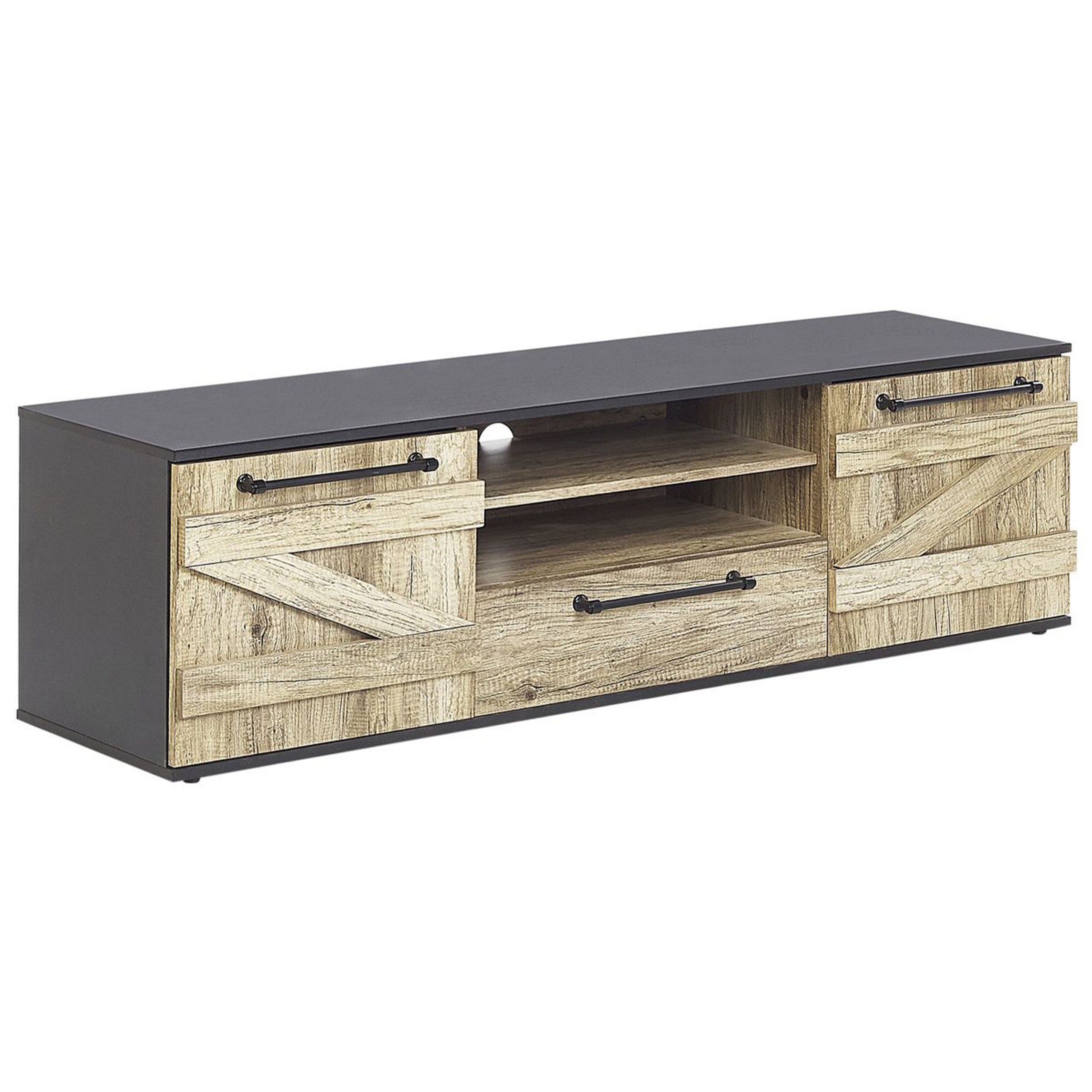 Beliani TV Stand Light Wood and Black Particle Board 43 cm Barn Style