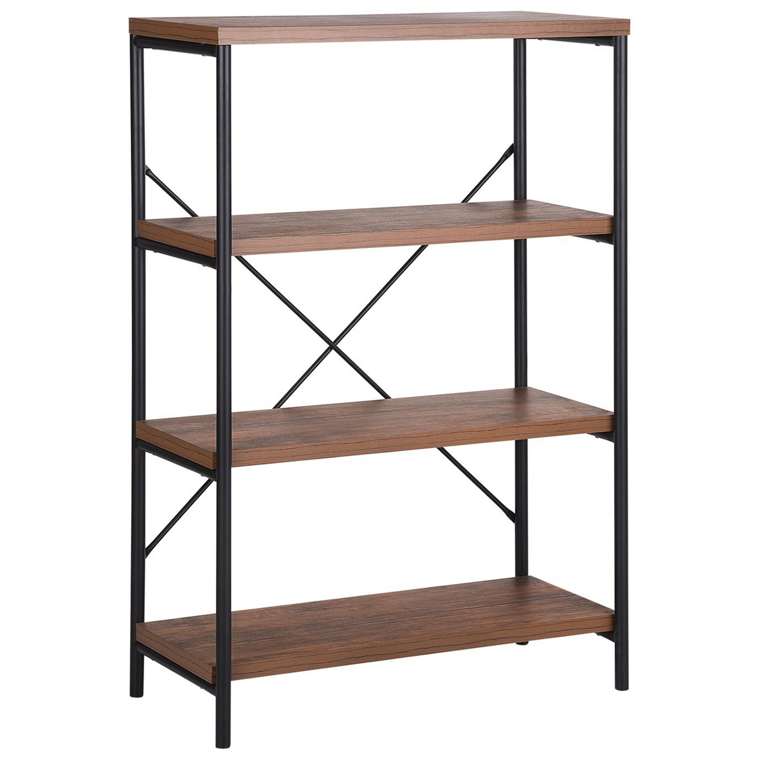 Beliani 4 Tier Bookcase Dark Wood with Metal Frame Freestanding Open Shelves Industrial Cross-Back Home