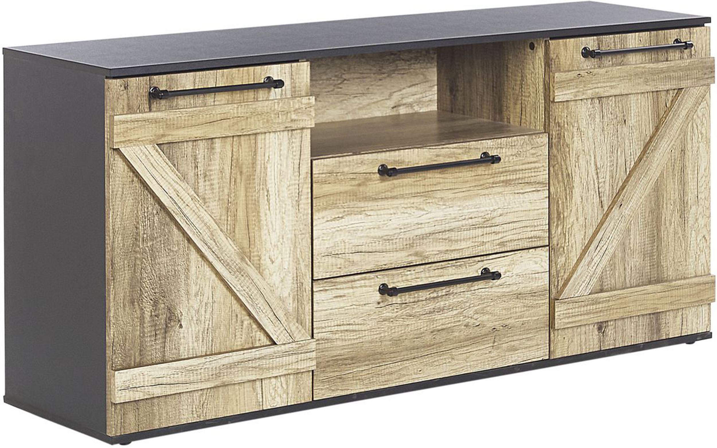 Beliani Sideboard Light Wood and Black Particle Board 72 cm with Drawers Barn Style