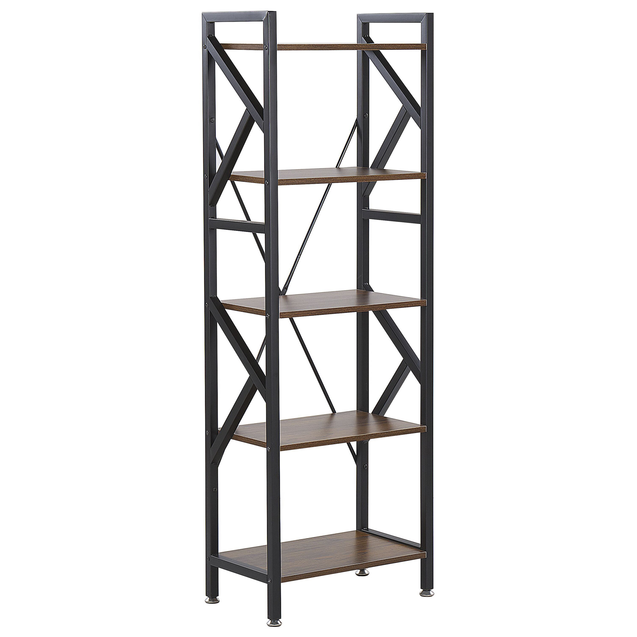 Beliani Bookcase Dark Wood Black Metal Steel Frame 5 Tier Open Back Adjustable Feet Industrial