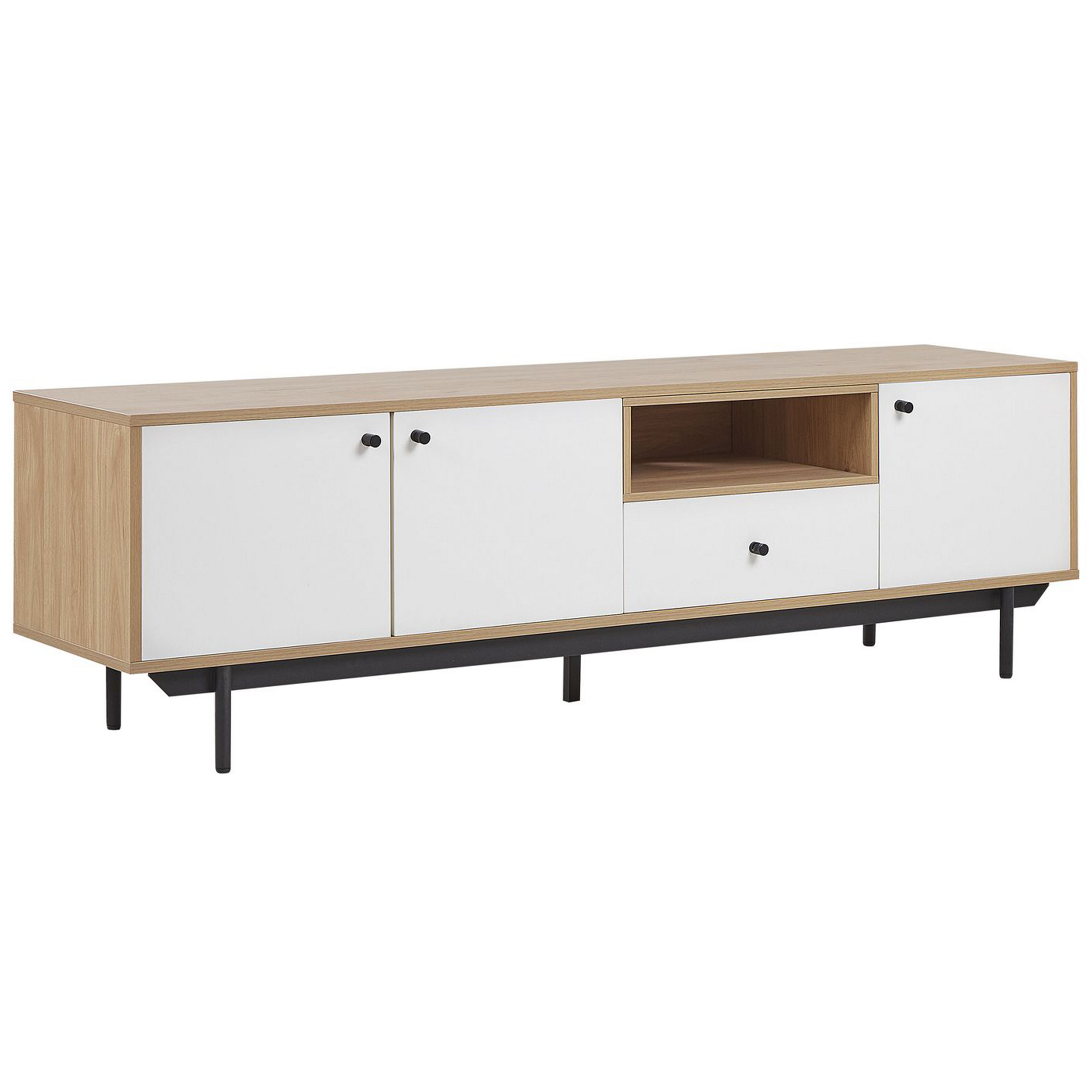 Beliani TV Stand Light Wood with White for up to 75ʺ TV Engineered Wood with Drawer Cabinets and Shelves Cable Management