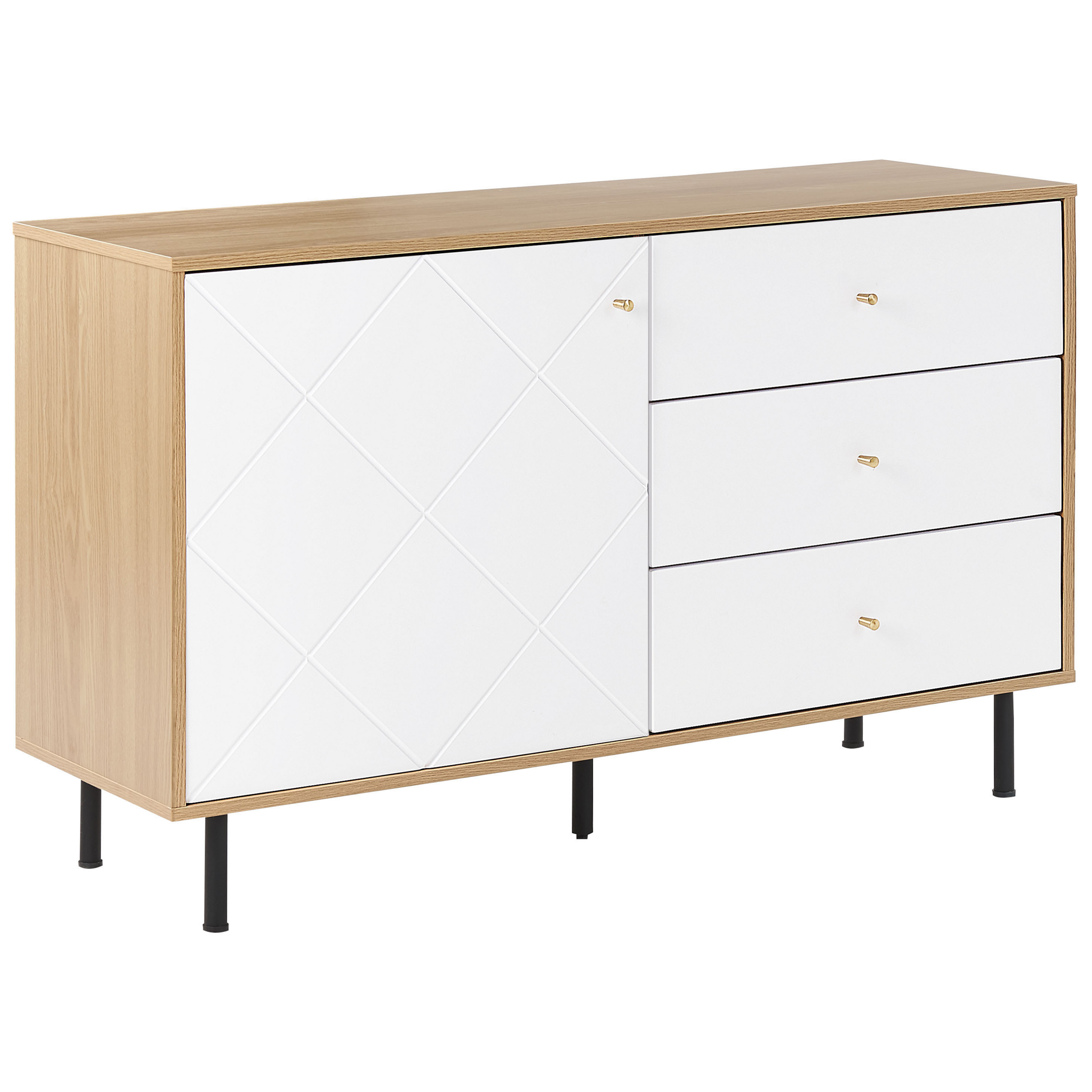 Beliani Sideboard Light Wood with White 118 x 40 cm 3 Drawer 1 Cabinet Scandinavian Glam