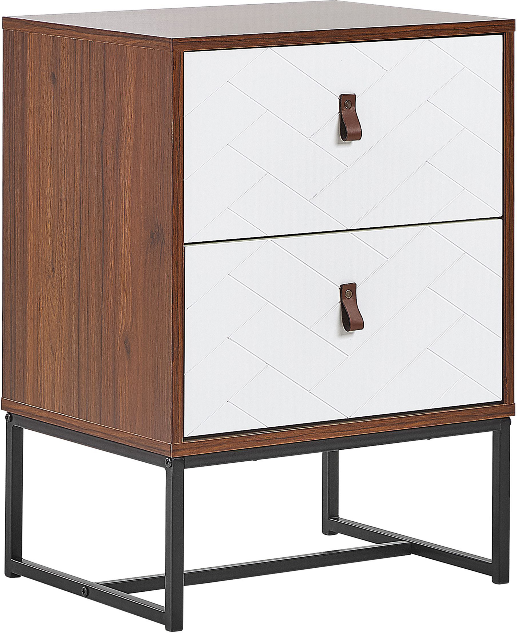 Beliani Bedside Table Dark Wood with White Metal Legs Small Storage Cabinet 69 x 49 cm Modern Nightstand Traditional Bedroom Furniture