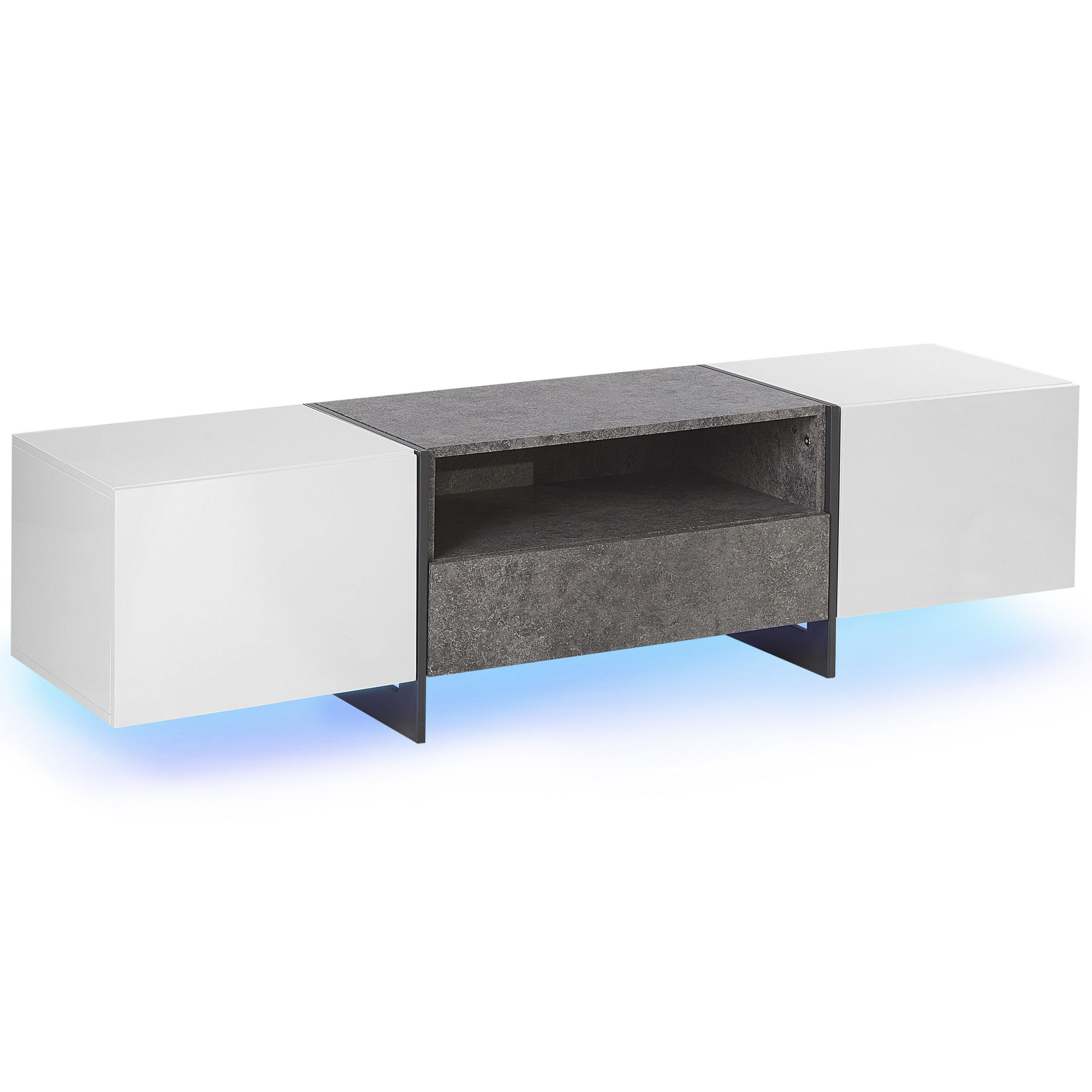 Beliani TV Stand Concrete Effect and White Veneered with LED Light Storage Shelf Drawer Cabinets Industrial