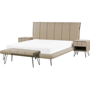 Beliani Bedroom Set Beige EU King Size 5ft3 Bed 2 Bedside Tables Bed Bench Modern Headboard Material:Faux Leather Size:xx