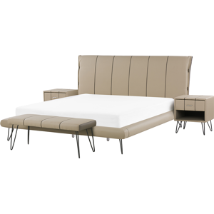 Beliani Bedroom Set Beige EU Super King Size 6ft Bed 2 Bedside Tables Bed Bench Modern Headboard Material:Faux Leather Size:xx