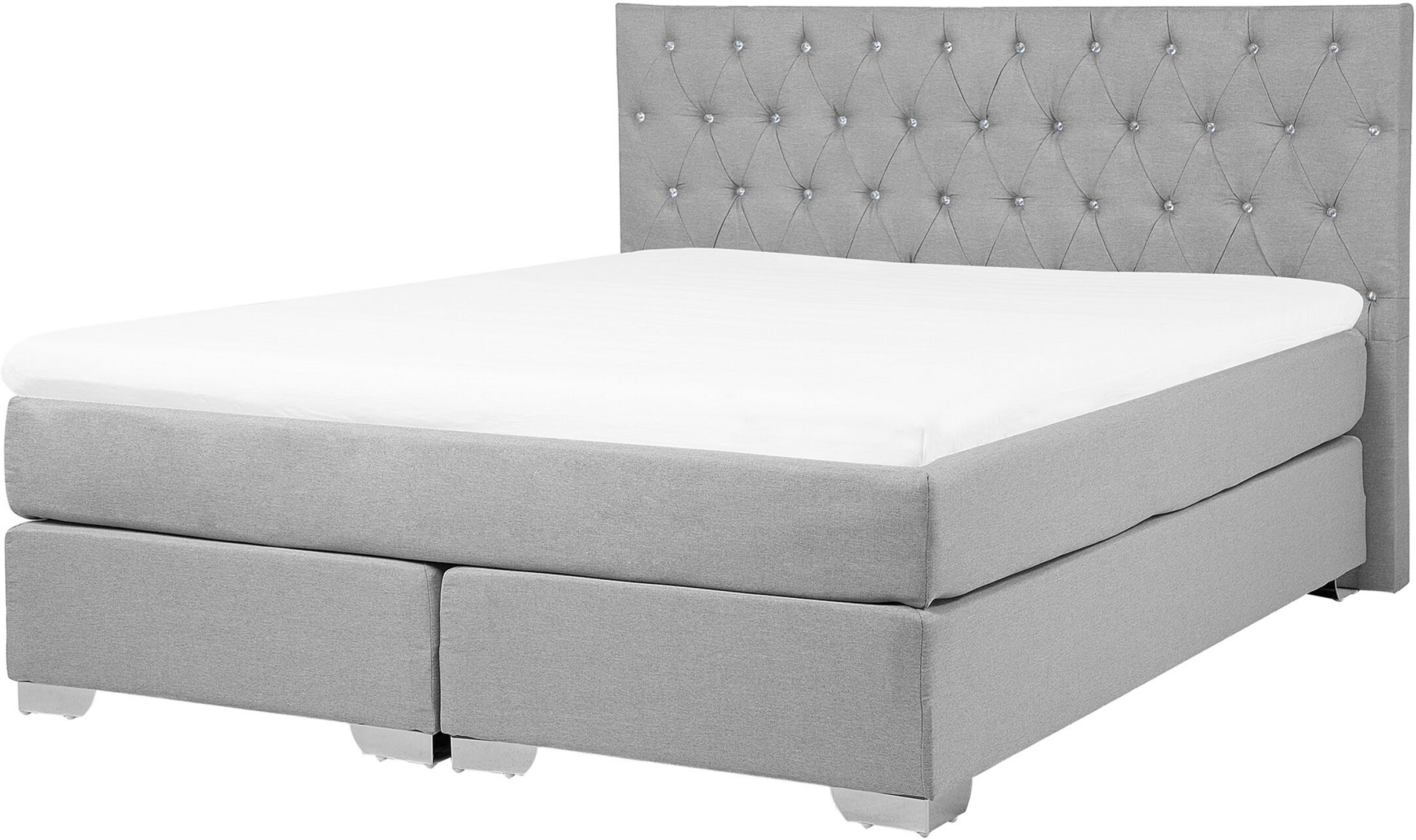 Beliani EU King Divan Bed Grey Fabric Upholstered 5ft3 Frame with Mattress and Button Tufted Headrest