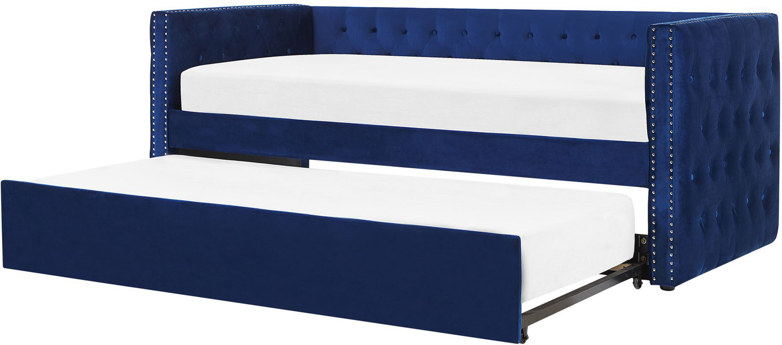 Beliani Trundle Bed Frame Blue EU Velvet Single Size 3ft Slatted Frame Buttoned Nailhead Trims Glam