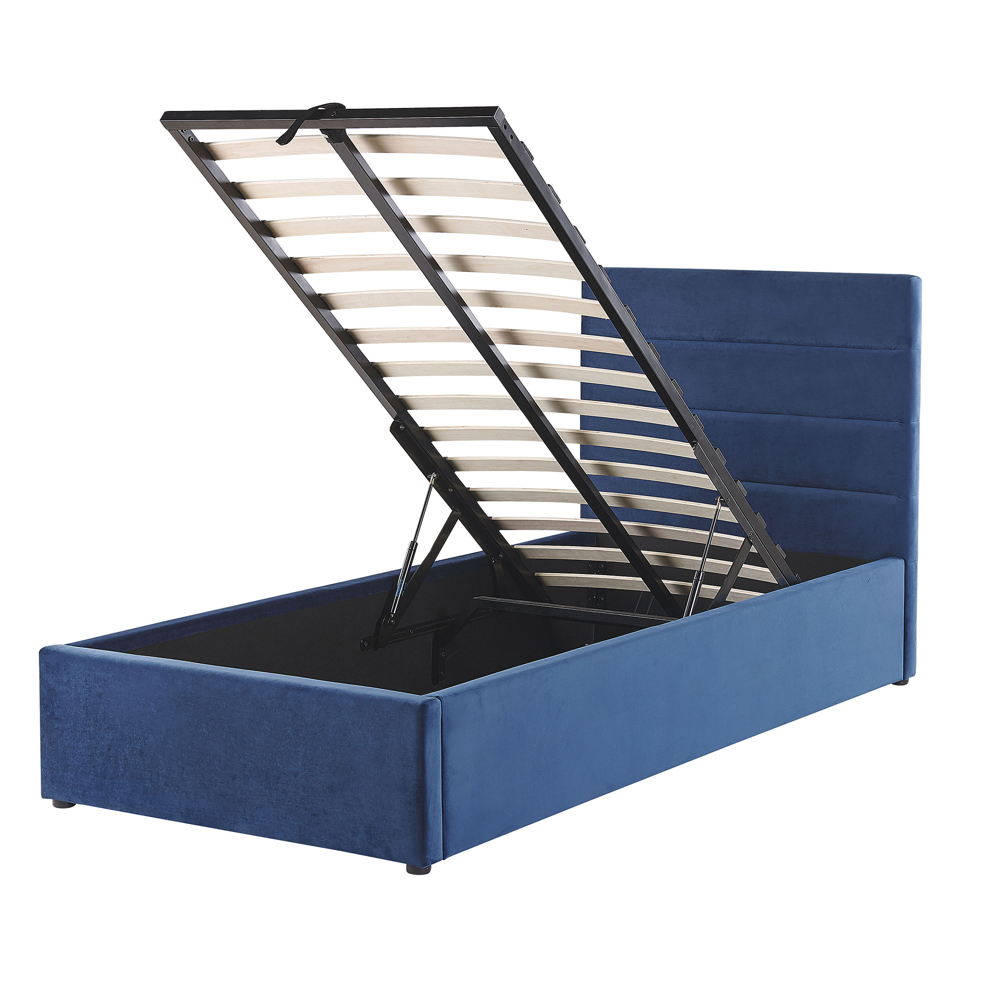 Beliani Bed Navy Blue Velvet EU Single Size With Storage Slats Panel Headboard Glamour