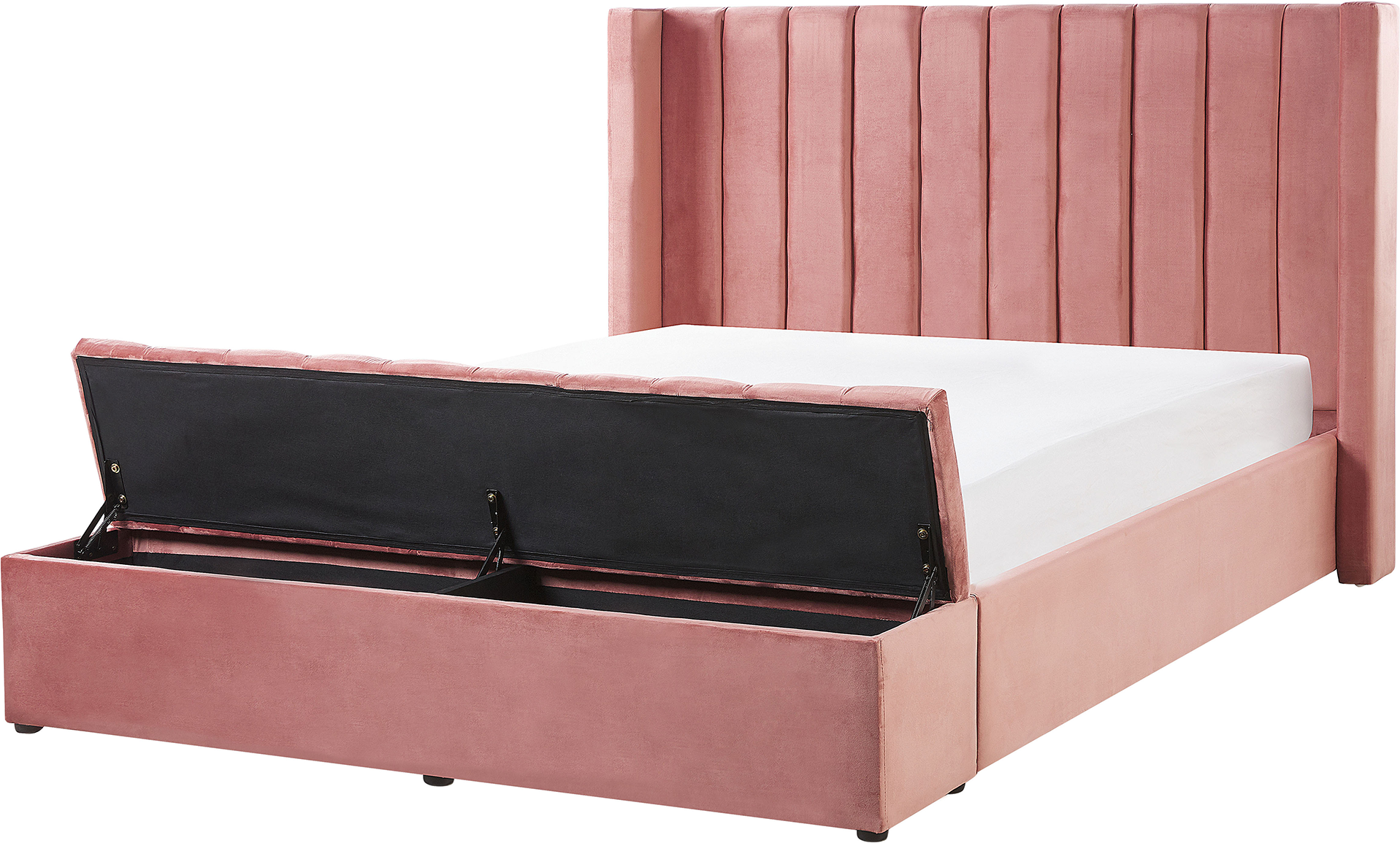 Beliani EU Super King Size Panel Bed Pink Velvet 6ft Slatted Base High Headrest with Storage Bench