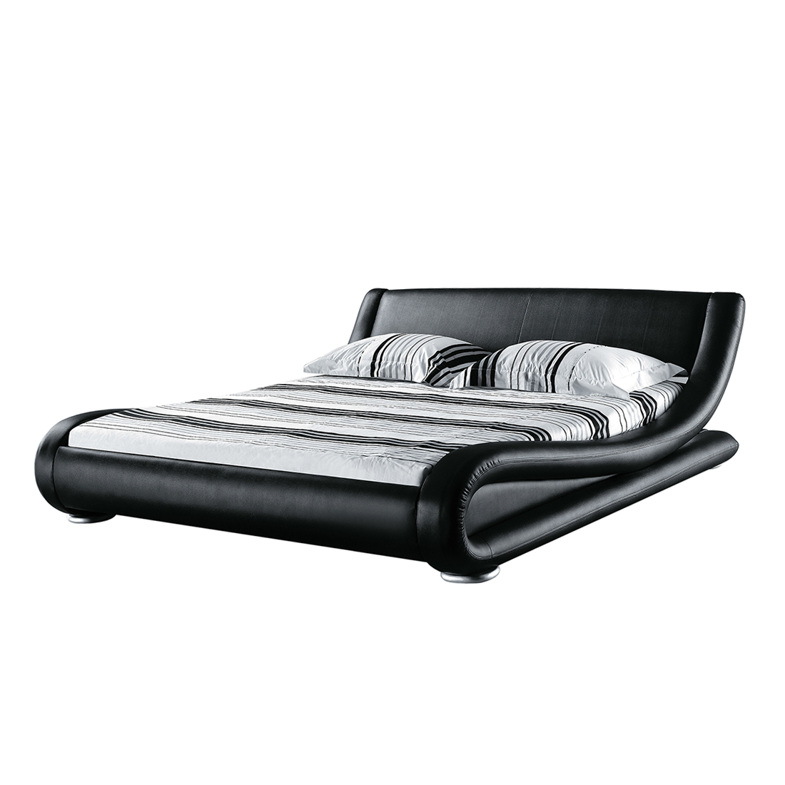 Beliani Platform Bed Frame Black Genuine Leather Upholstered 5ft3 EU King Size Sleigh Design
