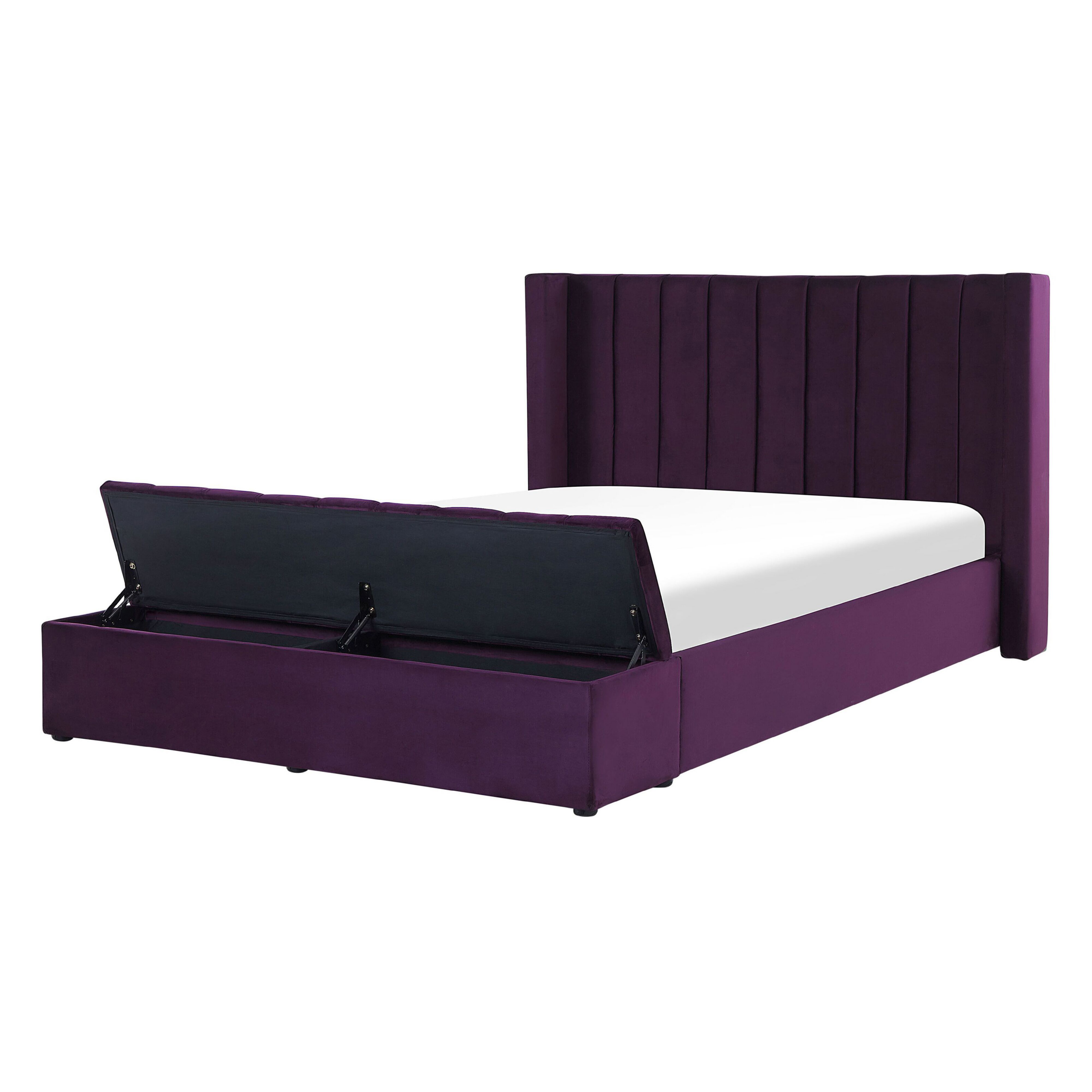 Beliani EU Double Size Panel Bed Violet Velvet 4ft6 Slatted Base High Headrest with Storage Bench
