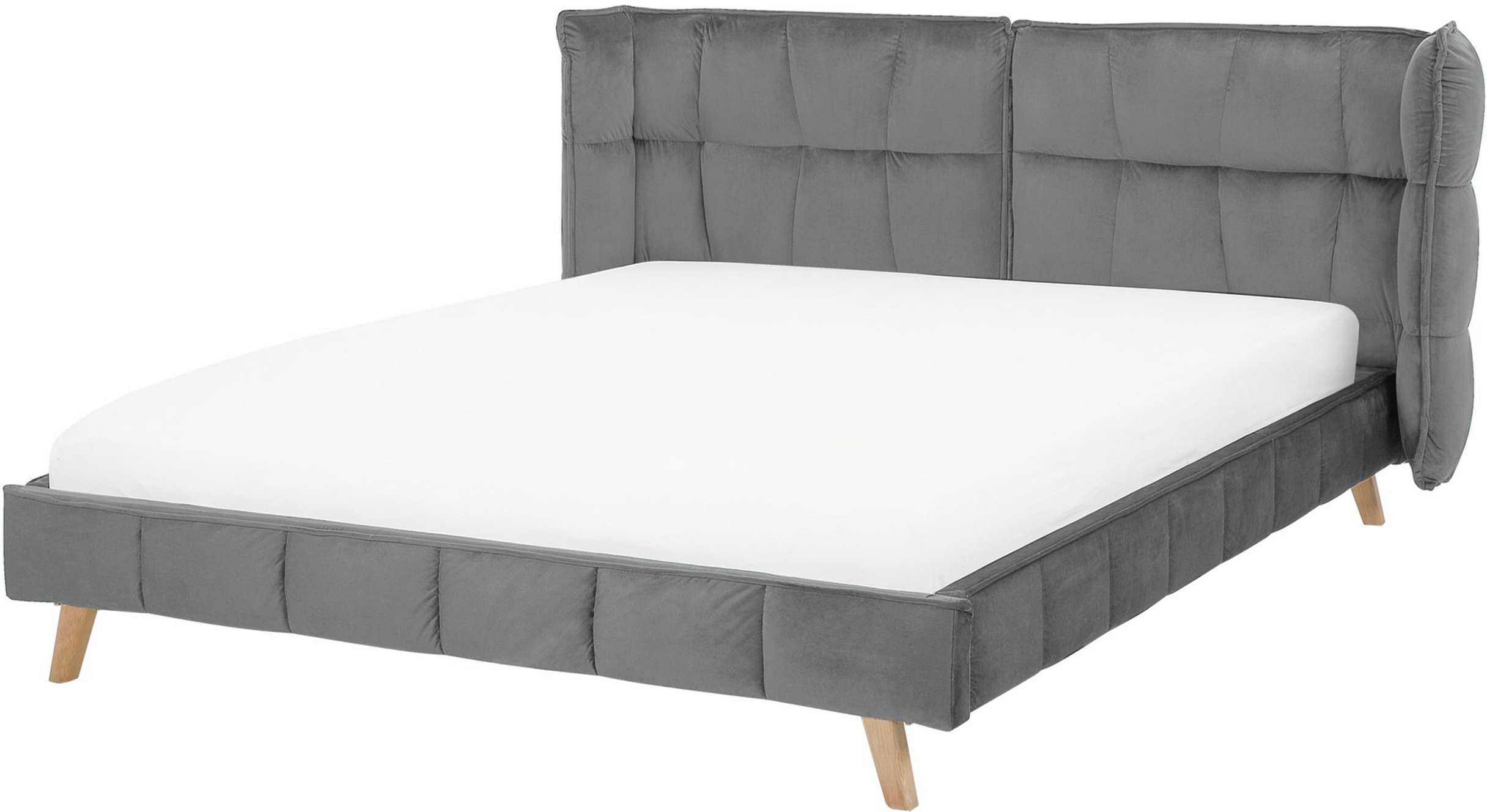 Beliani Bed Frame Grey Velvet Tufted Upholstery Light Wood Legs EU King Size 5ft3 Slatted with Adjustable Wingback Headboard