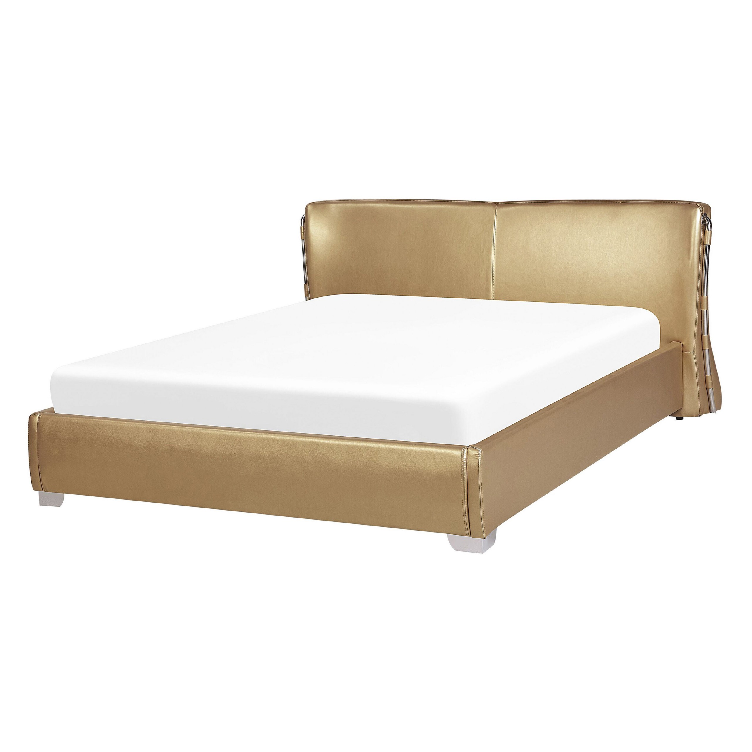 Beliani EU Double Size Panel Bed 4ft6 Gold Leather Slatted Frame Contemporary