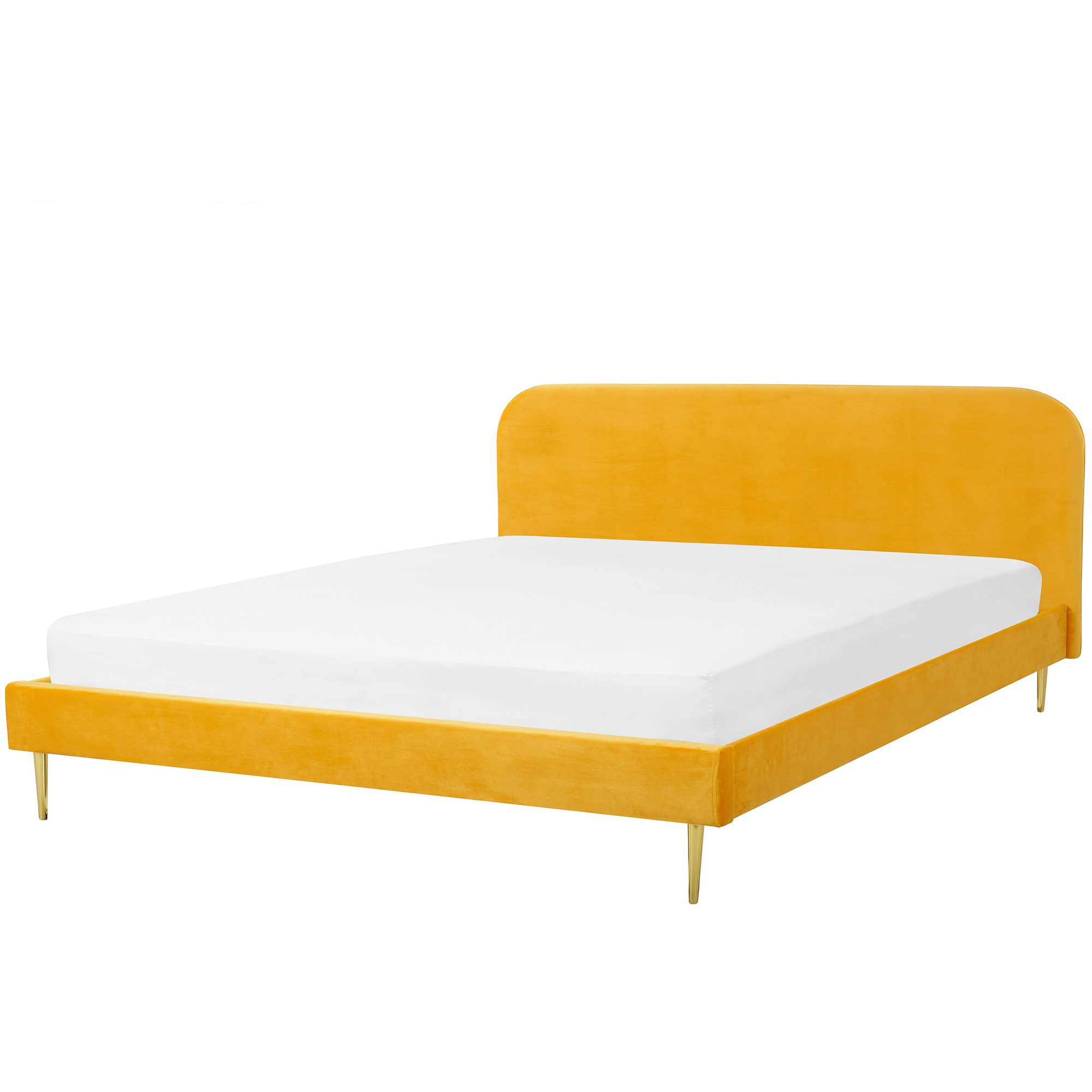 Beliani Bed Yellow Velvet Upholstery EU Super King Size Golden Legs Headboard Slatted Frame 6 ft Minimalist Design