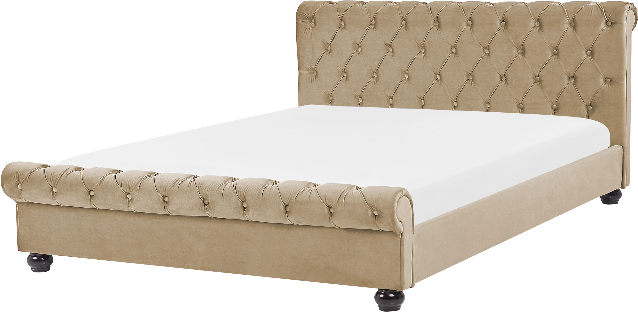 Beliani Bed Frame Beige Velvet Upholstery Black Wooden Legs King Size 5ft3 Buttoned Glam