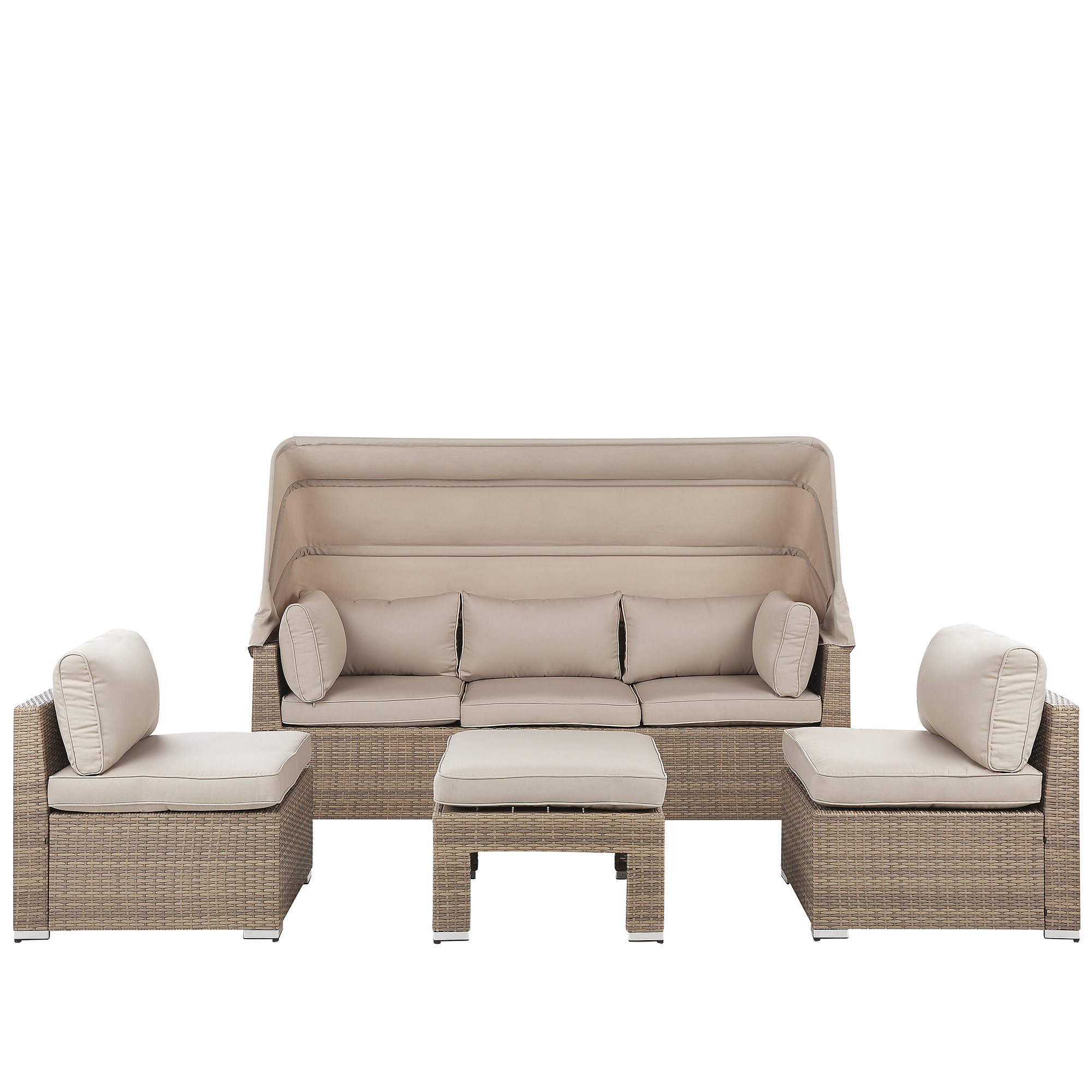 Beliani Outdoor Garden Set Beige Light Brown PE Rattan Sofa with Canopy and Cushions Chairs Ottoman Modern Design Material:PE Rattan Size:xx