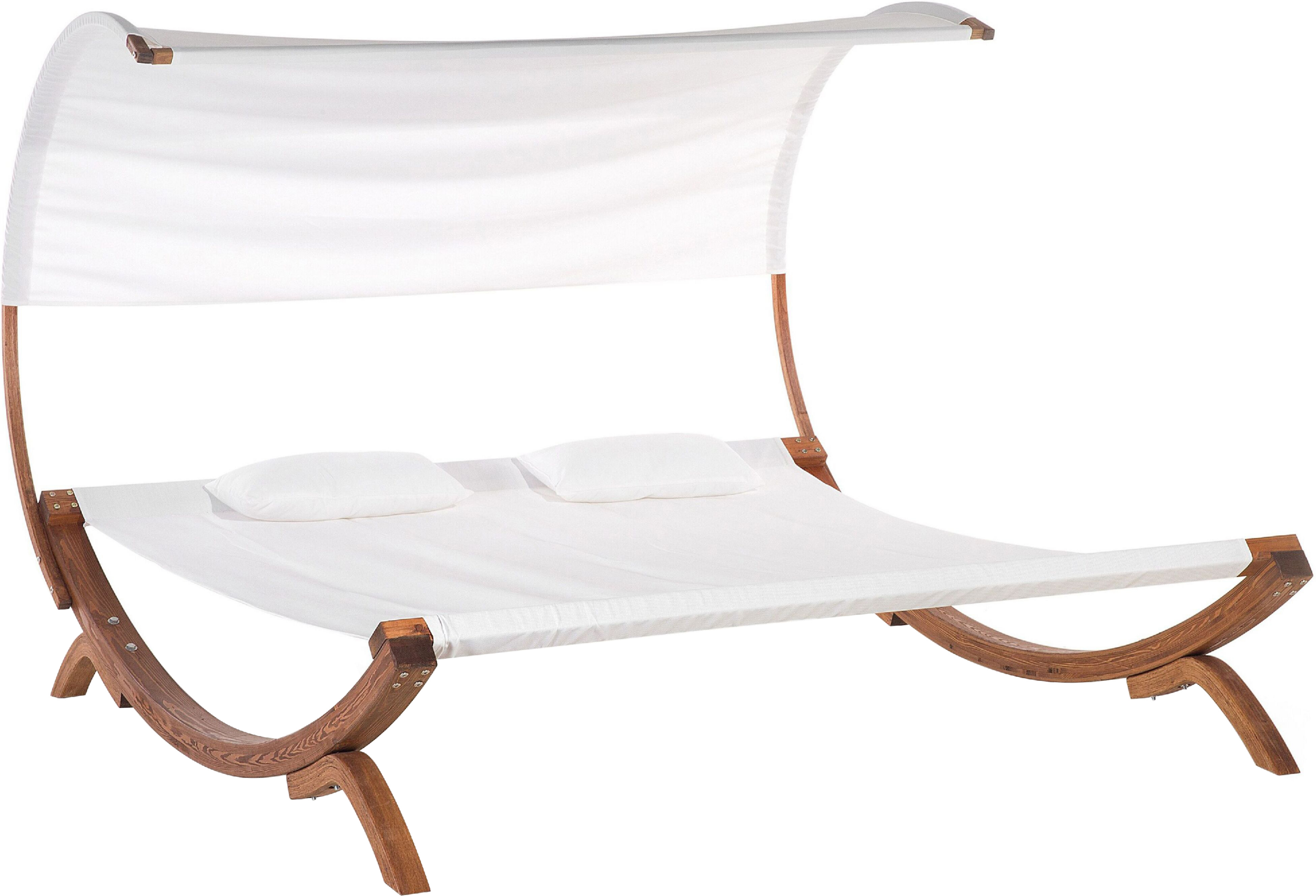 Beliani Garden Outdoor Lounger White Textile Seat Larch Wood Frame Double Seat Curved Canopy Material:Polyester Size:225x160x205