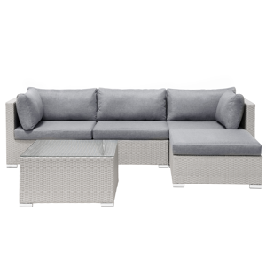 Beliani 2 Piece Garden Sofa Set Beige w/ Grey Cushions 5 Seater Corner Coffee Table  Material:PE Rattan Size:xx