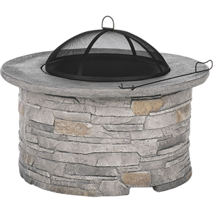 Beliani Fire Pit Heater Grey Black Mesh Cover Round Outdoor Material:MgO Size:92x48x92