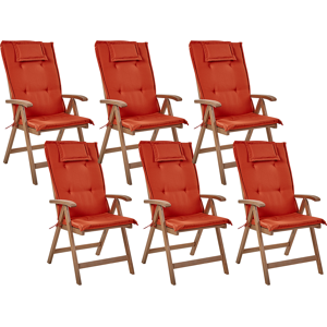 Beliani Set of 6 Garden Chair Dark Acacia Wood Natural with Red Cushions Adjustable Foldable Outdoor with Armrests Country Rustic Style Material:Acacia Wood Size:69x105x54