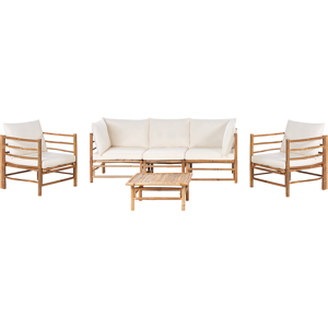 Beliani Garden Modular Sofa Set Off-White Bamboo Cushions 3 Seater Sofa 2 Armchairs with Coffee Table Boho Design Outdoor Conversation Set Material:Bamboo Wood Size:xx