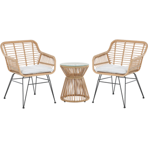 Beliani Bistro Set Brown Faux Rattan Black Steel Hairpin Legs 2 Chairs with Grey Cushions Glass Table Top Modern 2 Seater Outdoor Set Material:PE Rattan Size:xx